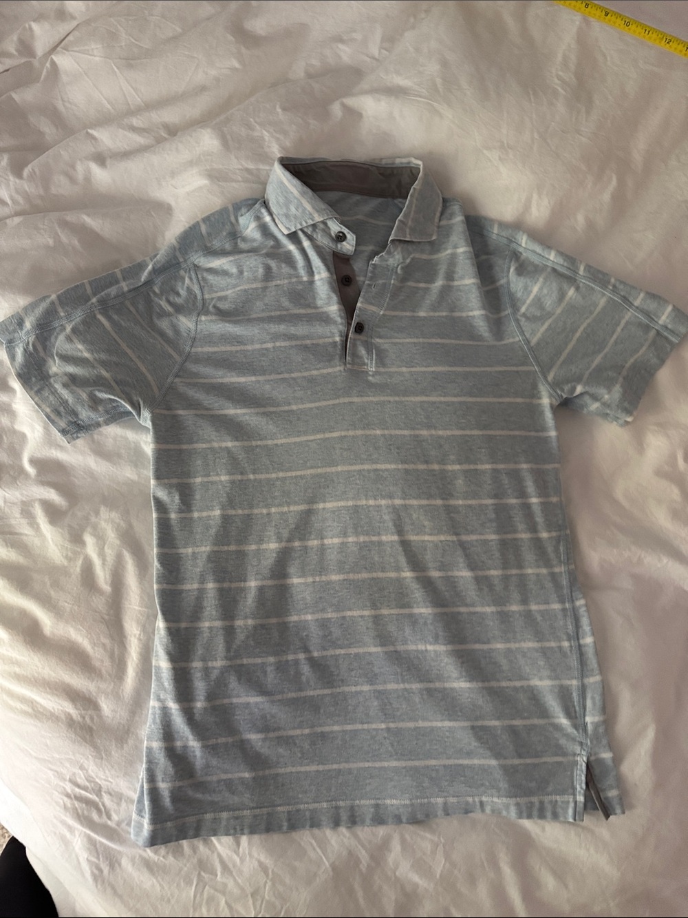 Lululemon Men's Light Blue Striped Polo Shirt - Small